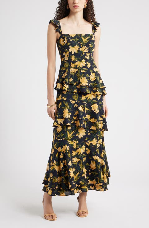 Tiered Asymmetric Ruffle Maxi Dress