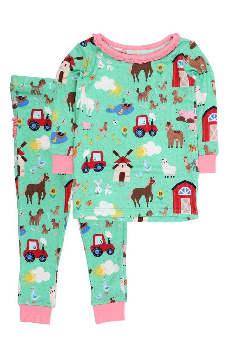 RuffleButts SoftSnooze Ruffle Long Sleeve Pajama Set, Signature Rear Ruffles, Main, color, Farm Friends