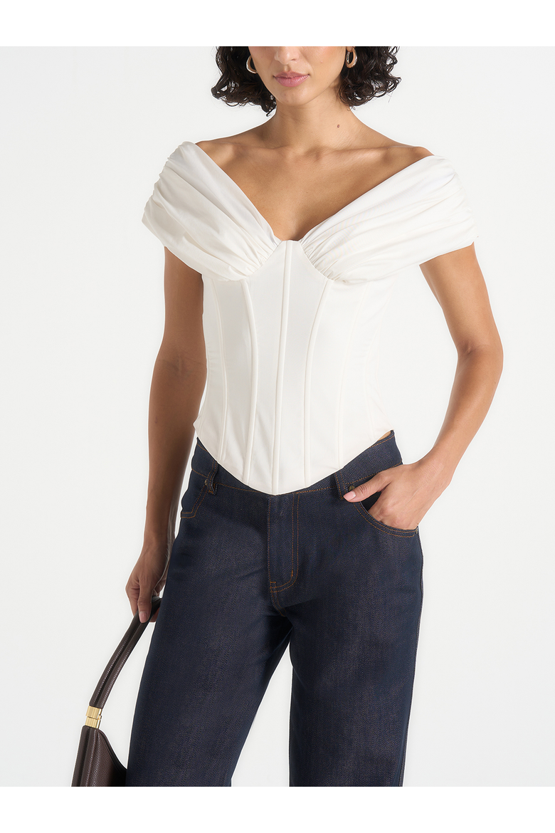 Ursula Ruched Off-Shoulder Cotton Corset Top, Main, color, White