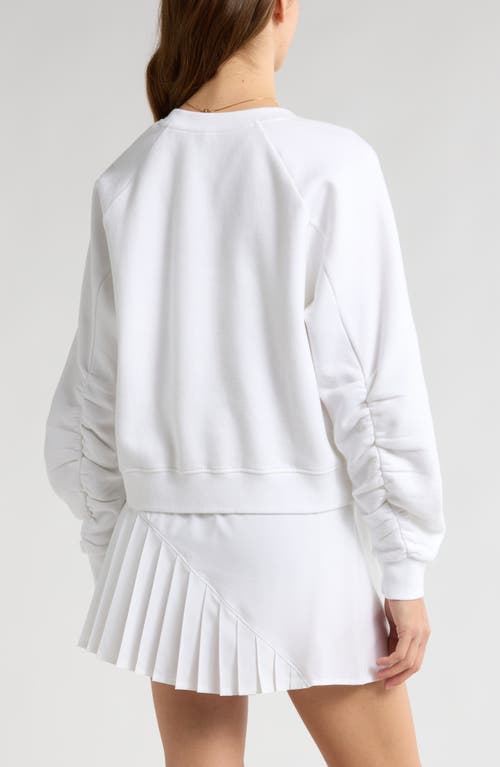 Zella Ruched Sleeve Crewneck Sweatshirt In White
