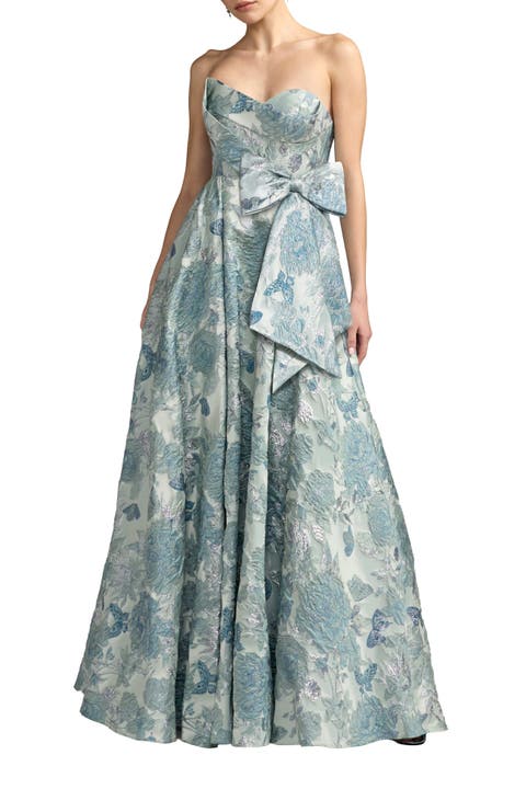 Floral Brocade Strapless Ballgown With Bow