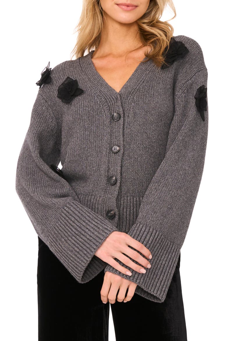 Mesh Floral Appliqué Cardigan, Main, color, MEDIUM HEATHER GREY