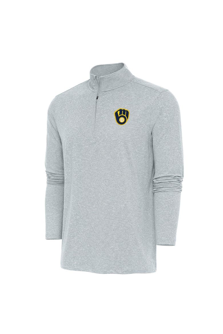 Men's Antigua  Heather Gray Milwaukee Brewers Hunk Quarter-Zip Pullover Top, Main, color, Heather Gray