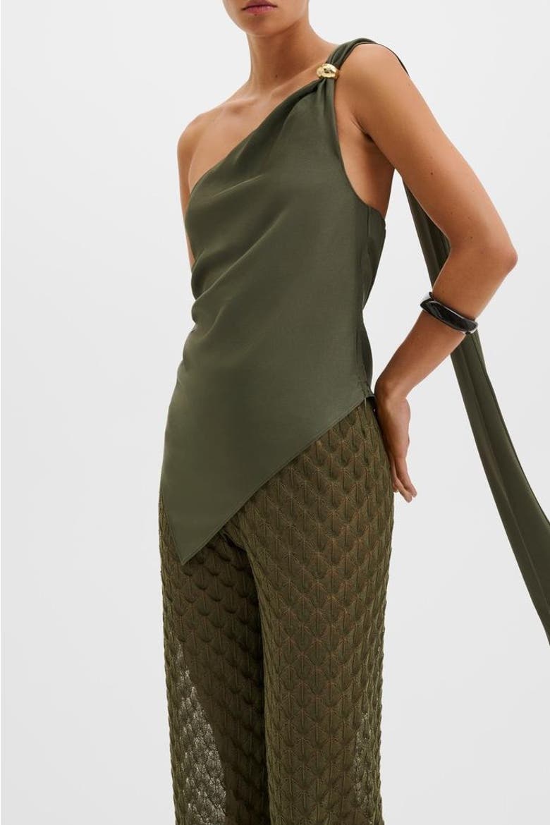 Neija Brooch Detailed One Shoulder Top, Alternate, color, Dusty Olive