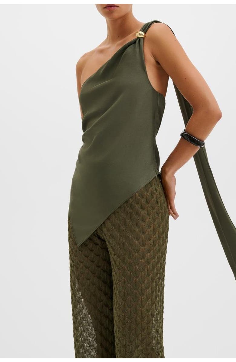 Malina Neija Brooch Detailed One Shoulder Top, Alternate, color, Dusty Olive