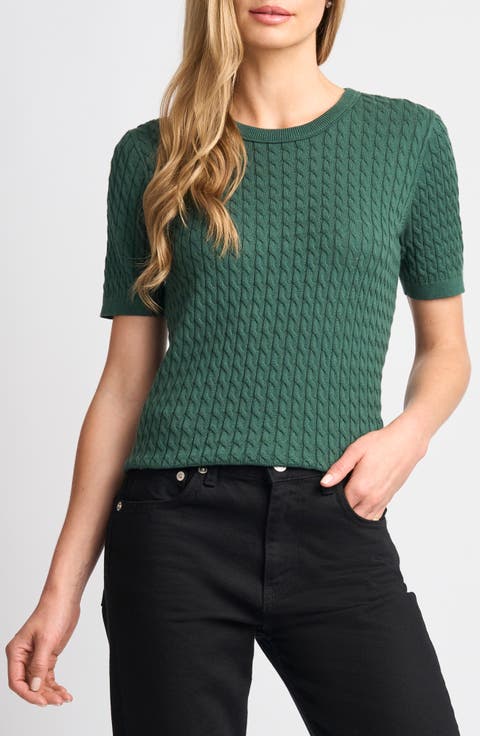 Cable Stitch Short Sleeve Crewneck Sweater