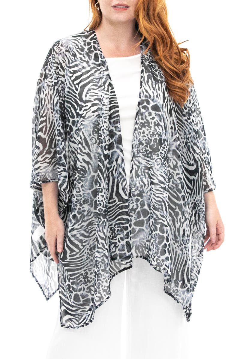 Nina Leonard Semi Sheer Open Front Topper, Main, color, Light Blue Grey Multi