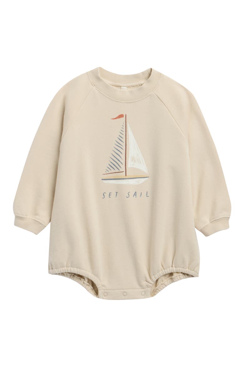 Set Sail Long Sleeve Cotton Fleece Bodysuit, Main, color, PEBBLE