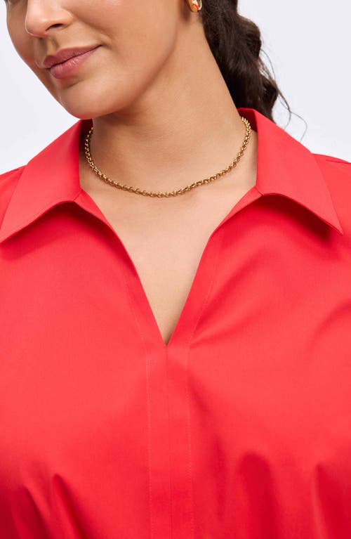 Foxcroft Carla Tie Cuff Cotton Blend Popover Top In Simply Red