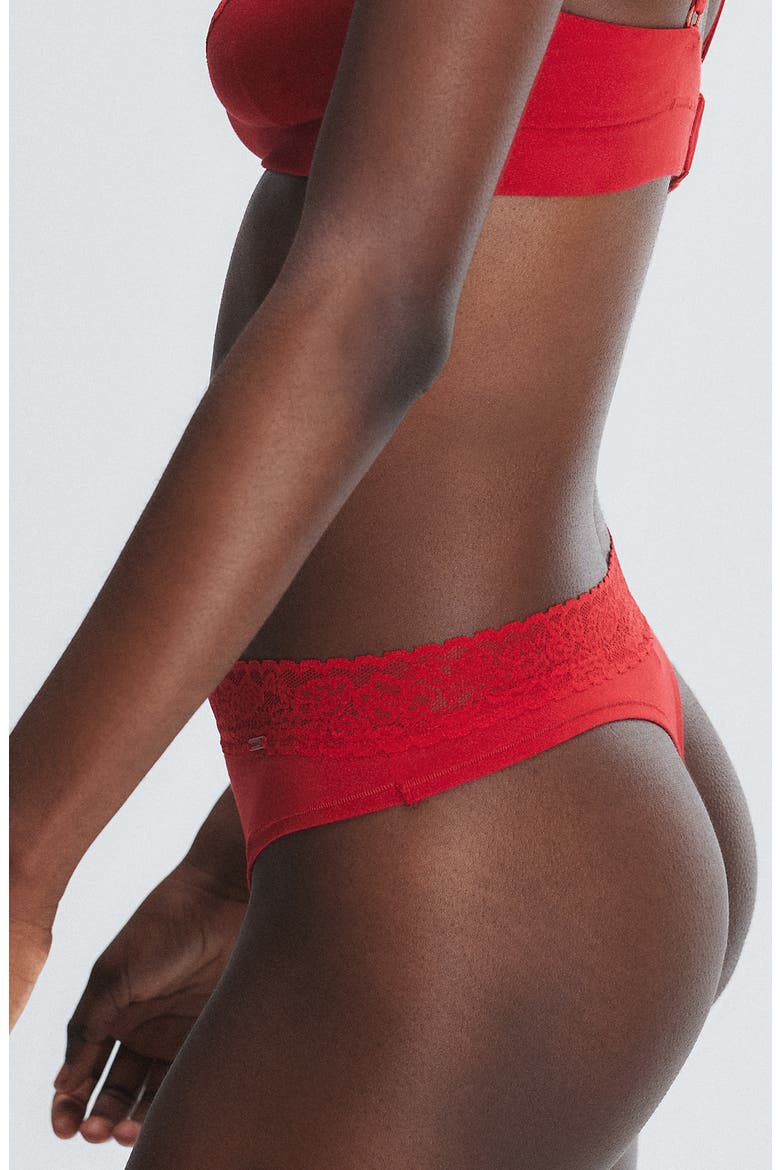Essentials Lace Trim Stretch Cotton Thong, Alternate, color, TIMELESS RED