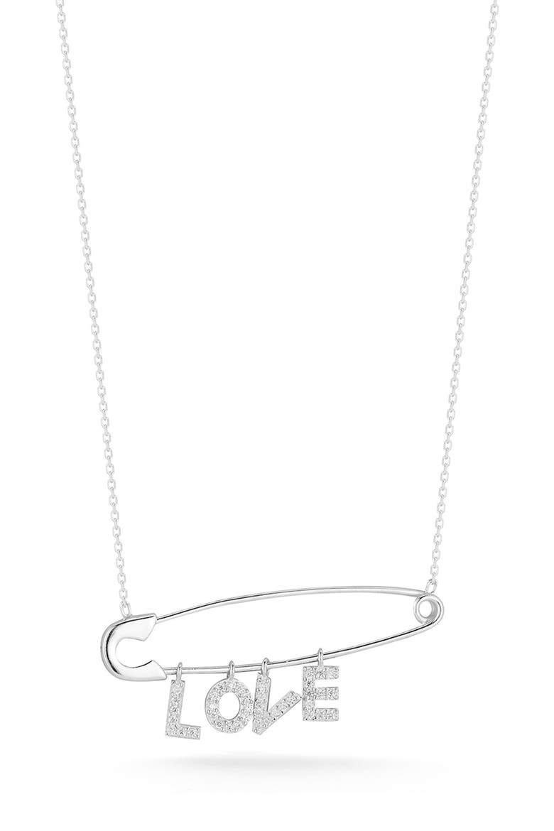 Pave CZ 'LOVE' Safety Pin Pendant Necklace, Main, color, SILVER