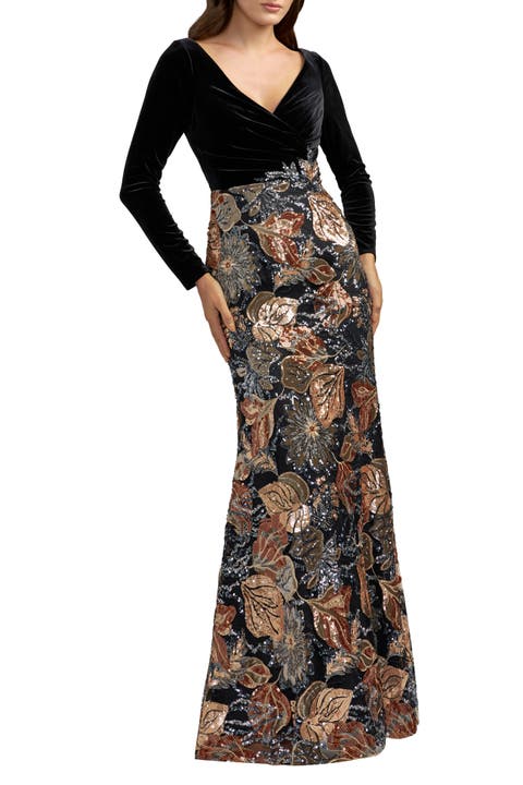 Long Sleeve Floral Embellished Velvet Gown