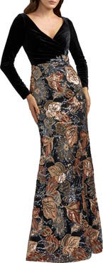 Mac Duggal Long Sleeve Floral Embellished Velvet Gown