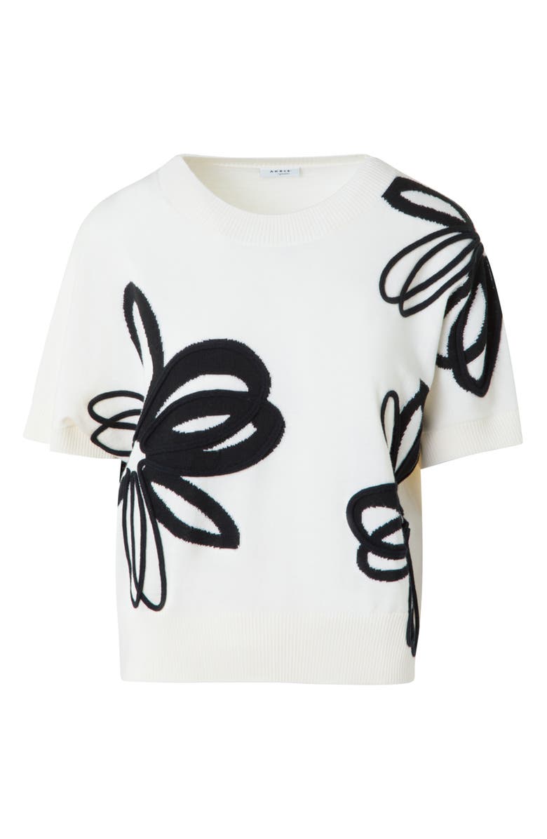 Akris punto Daisy Intarsia Knit Short Sleeve Virgin Wool Sweater, Alternate, color, Cream-Black