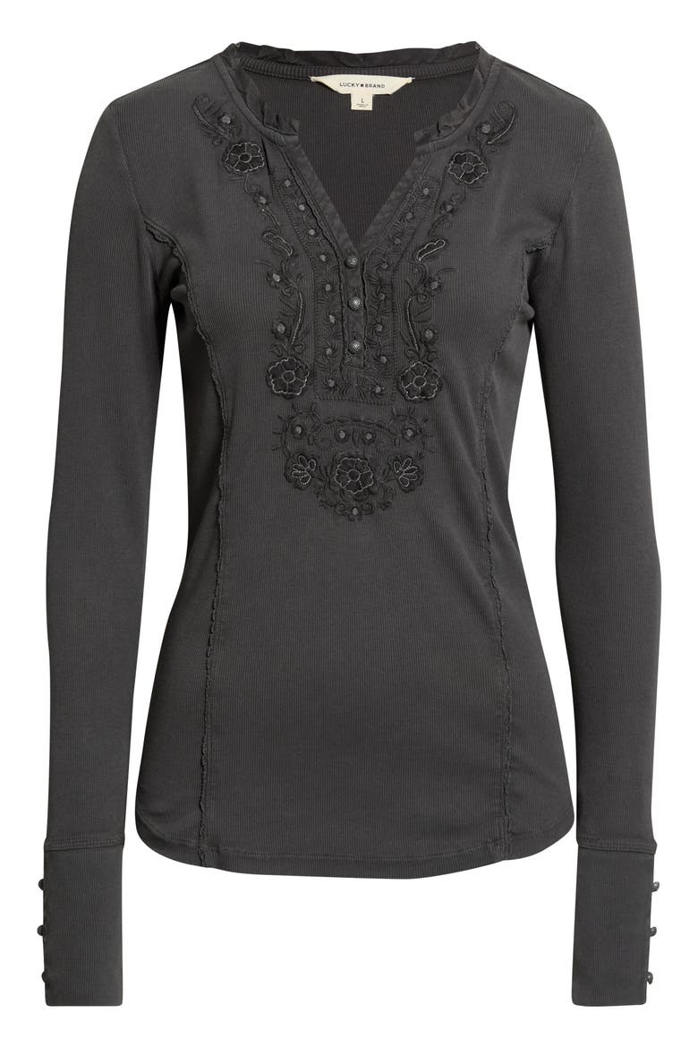 Floral Appliqué Cotton Henley Top, Main, color, RAVEN