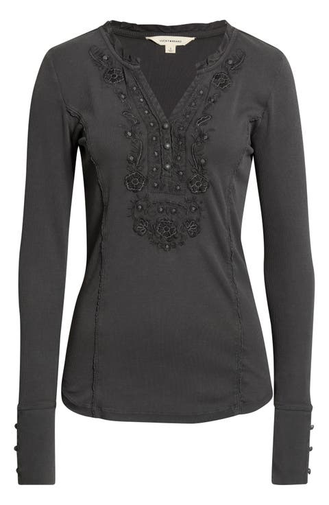Floral Appliqué Cotton Henley Top