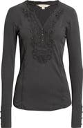 Lucky Brand Floral Appliqué Cotton Henley Top