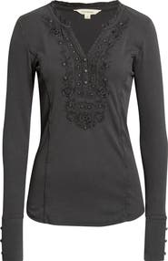 Lucky Brand Floral Appliqué Cotton Henley Top