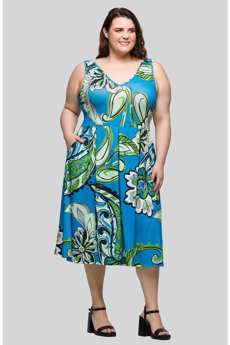 Blue Paisley V-Neck Fit & Flare Dress, Alternate, color, BLUE MULTI