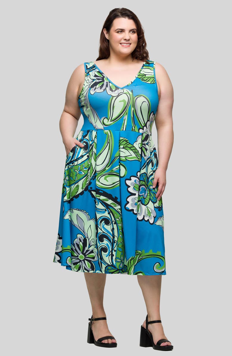 24seven Comfort Apparel Blue Paisley V-Neck Fit & Flare Dress, Alternate, color, Blue Multi