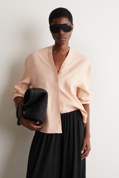 Button-detail Linen V-neck Shirt