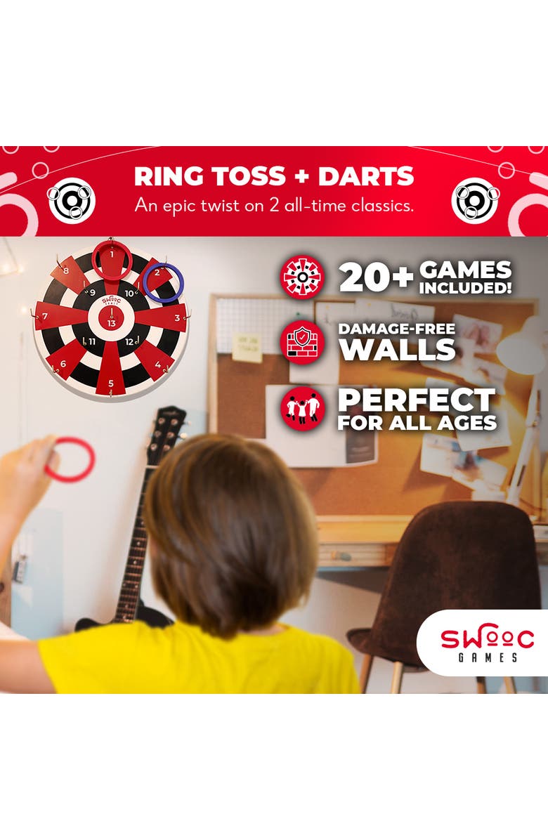 Swooc Games Hook Darts Ring Toss Game | Wood Board and Soft Rings, Alternate, color, Multicolored