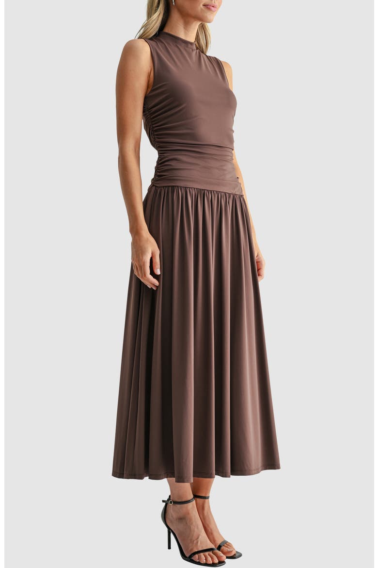 Ruched Mock Neck Drop Waist Fit & Flare Midi Dress, Alternate, color, BROWN
