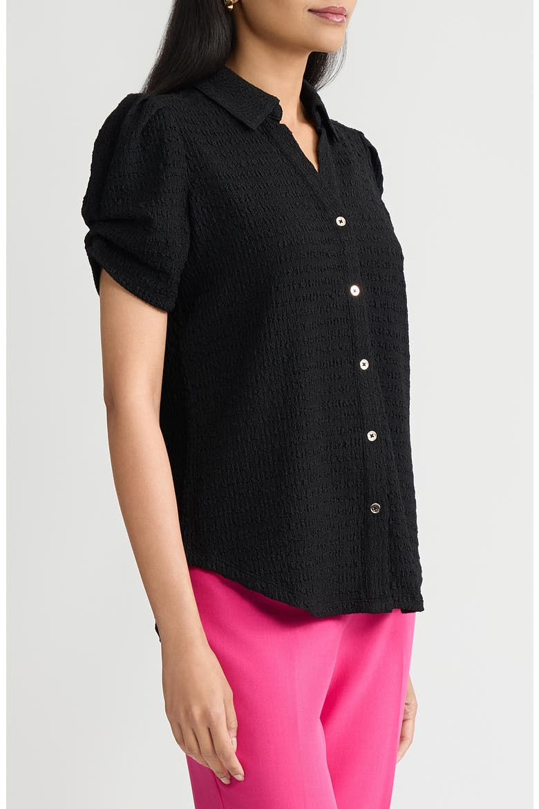 Pleat Sleeve Ridge Knit Button-Up Shirt, Alternate, color, BLACK