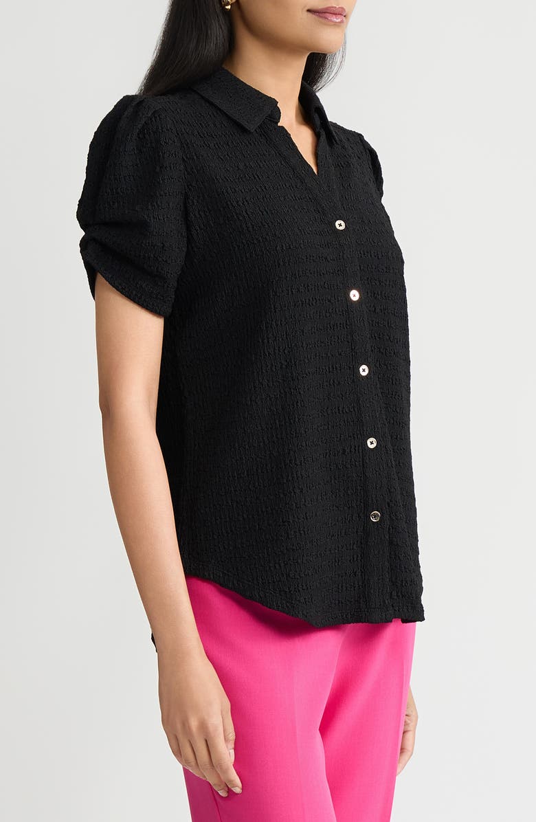 KASPER Pleat Sleeve Ridge Knit Button-Up Shirt, Alternate, color, Black