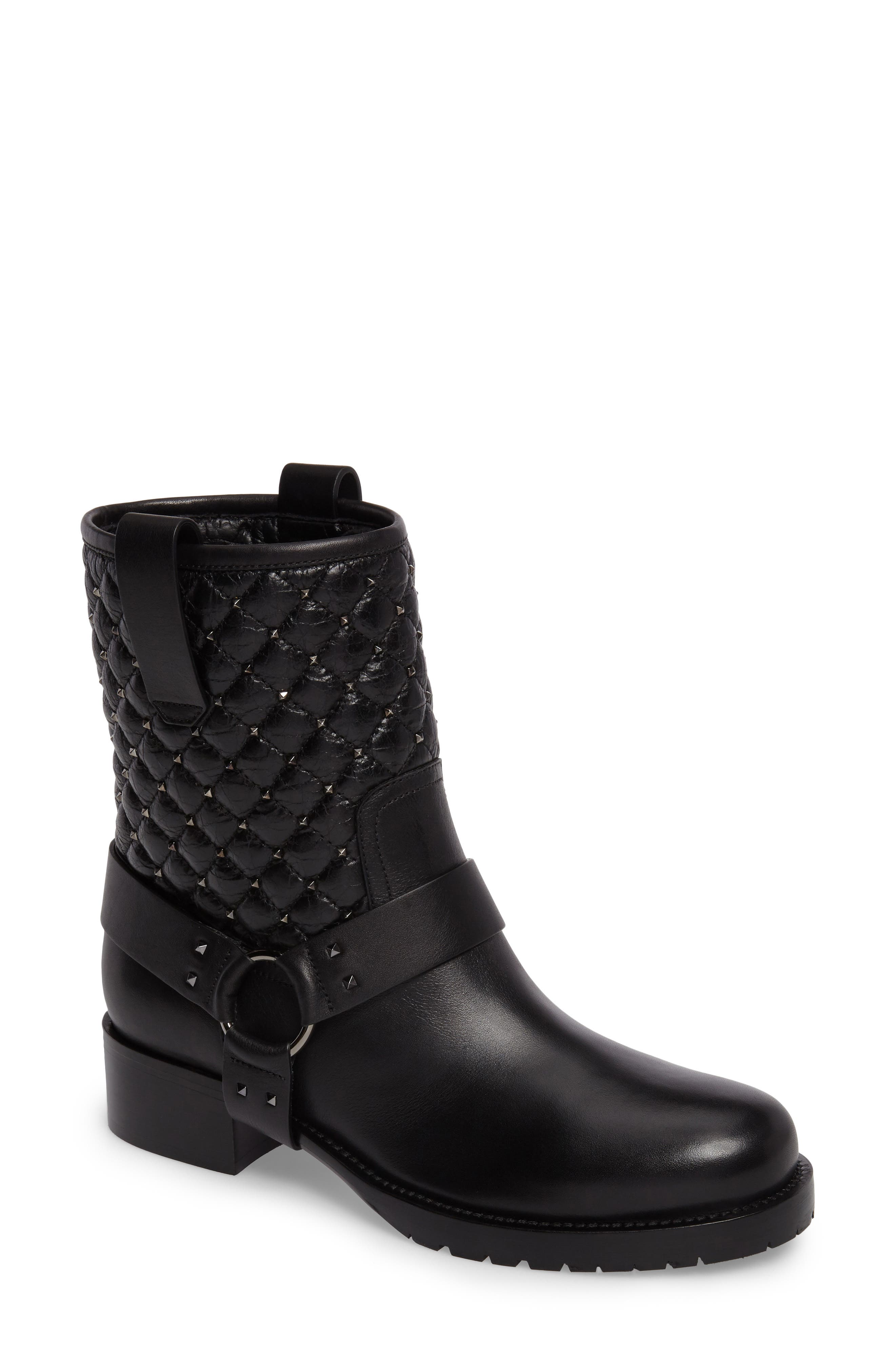 Rockstud Quilted Harness Bootie, Main, color, BLACK