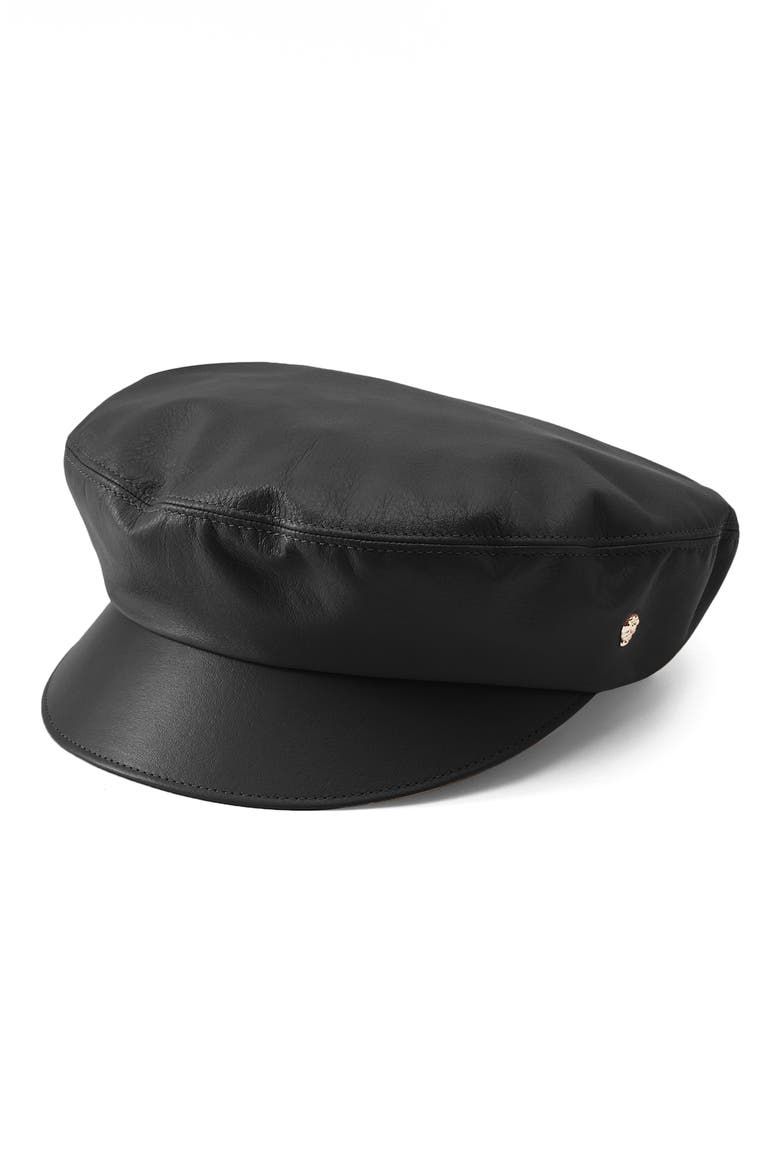 Kamilah Leather Baker Boy Hat, Main, color, BLACK