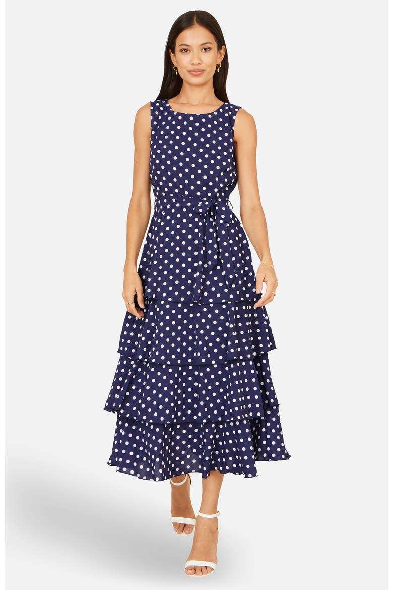 Spot Tiered Midi Dress, Alternate, color, Navy