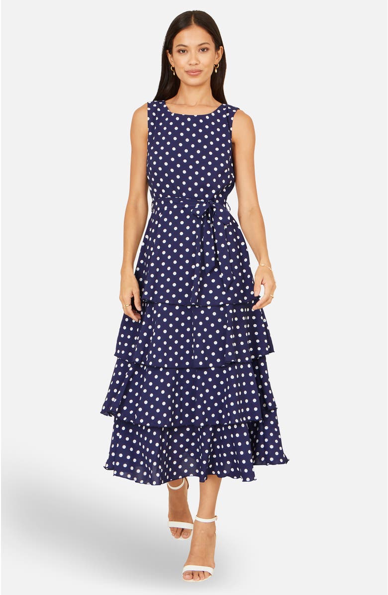 Yumi Spot Tiered Midi Dress, Alternate, color, Navy