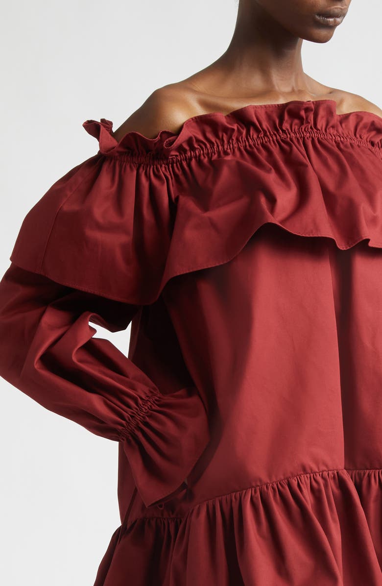 Saint Laurent Long Sleeve Cotton Ruffle Off the Shoulder Minidress, Alternate, color, Rouge Fonce