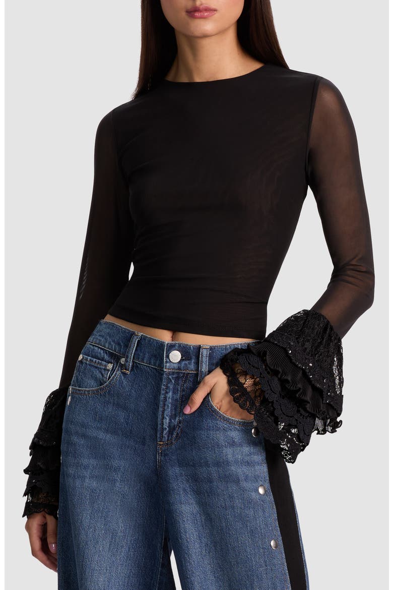 Delania Mesh Ruffle Cuff Top, Main, color, BLACK