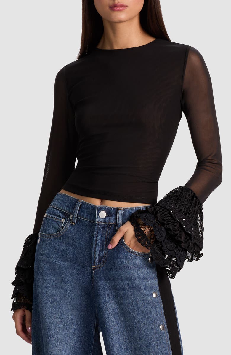Alice + Olivia Delania Mesh Ruffle Cuff Top, Main, color, Black