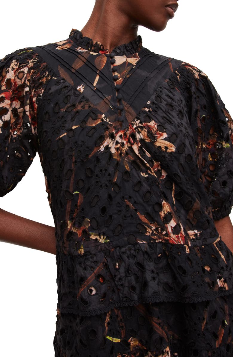 AllSaints Tila Kuroyuri Eyelet Embroidery Floral Print Cotton Minidress, Alternate, color, 