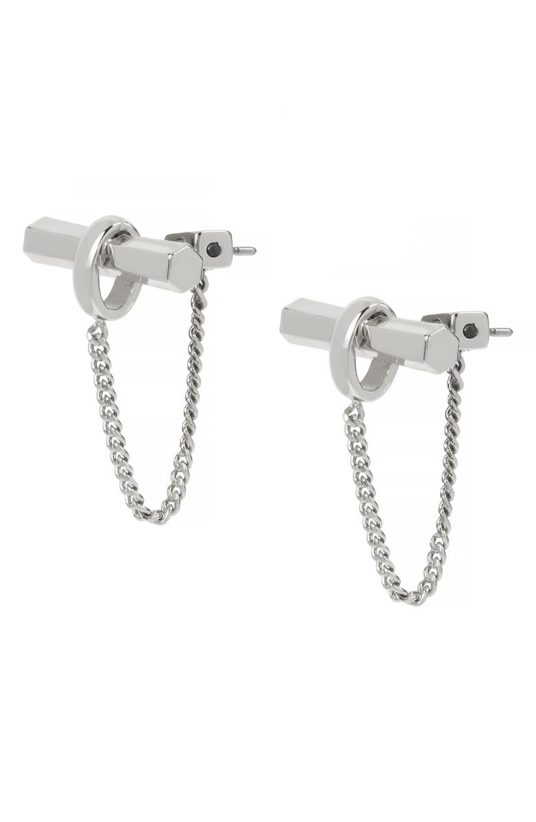 AllSaints Toggle & Chain Draped Front/Back Earrings, Main, color, Rhodium
