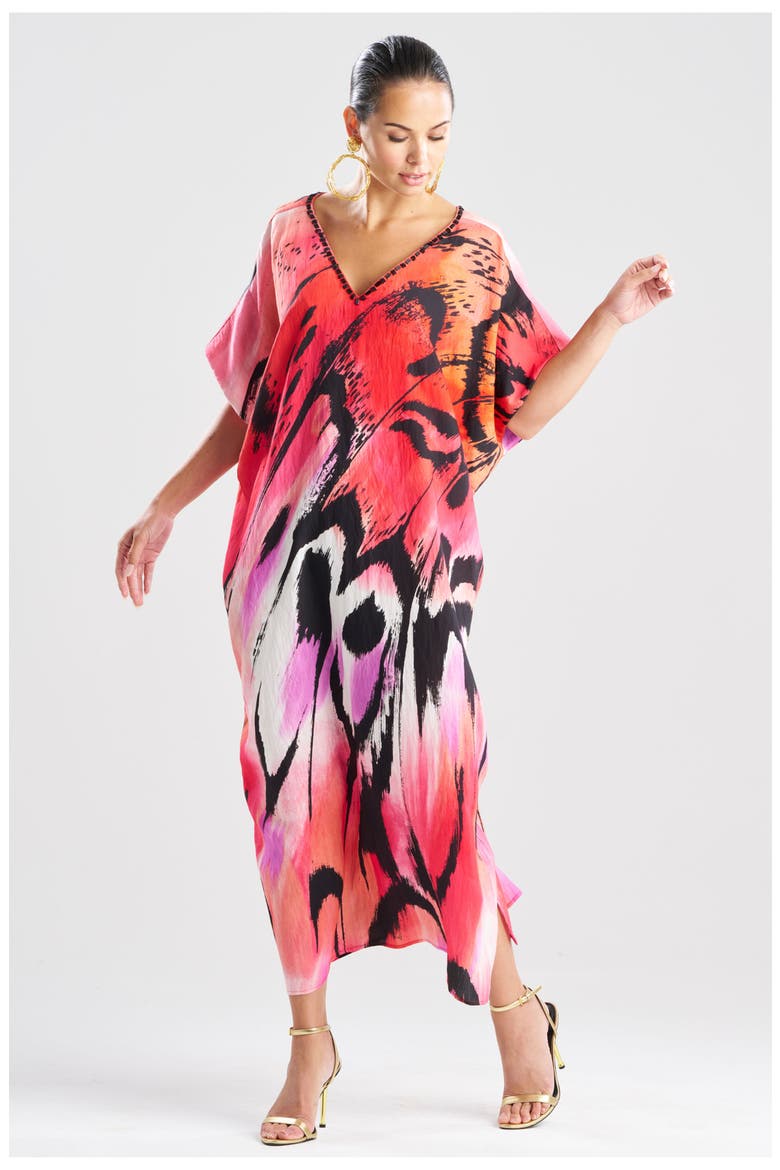 Butterfly Linen Blend Caftan w/ Beading, Main, color, RED