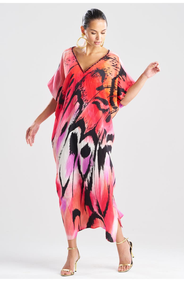Natori Butterfly Linen Blend Caftan w/ Beading, Main, color, Red
