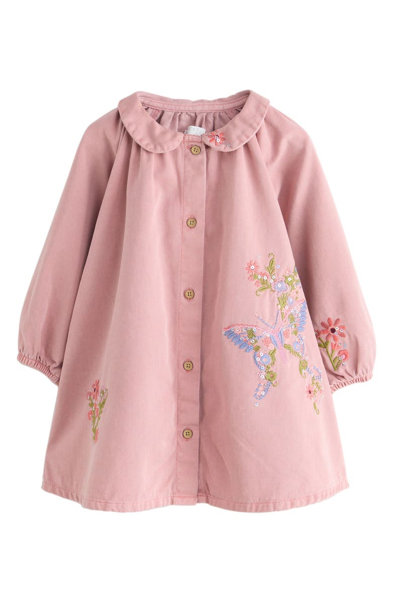 NEXT Kids' Butterfly Embroidered Long Sleeve Denim Shirtdress, Main, color, Pink