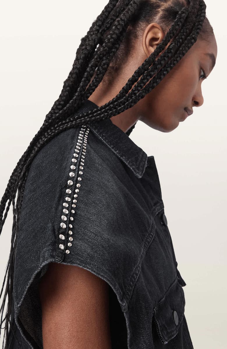 AllSaints Alba Stud Detail Sleeveless Denim Jacket, Alternate, color, Shadow Black
