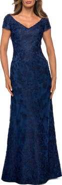 La Femme Lace Evening Gown with Cap Sleeves and V-Neck