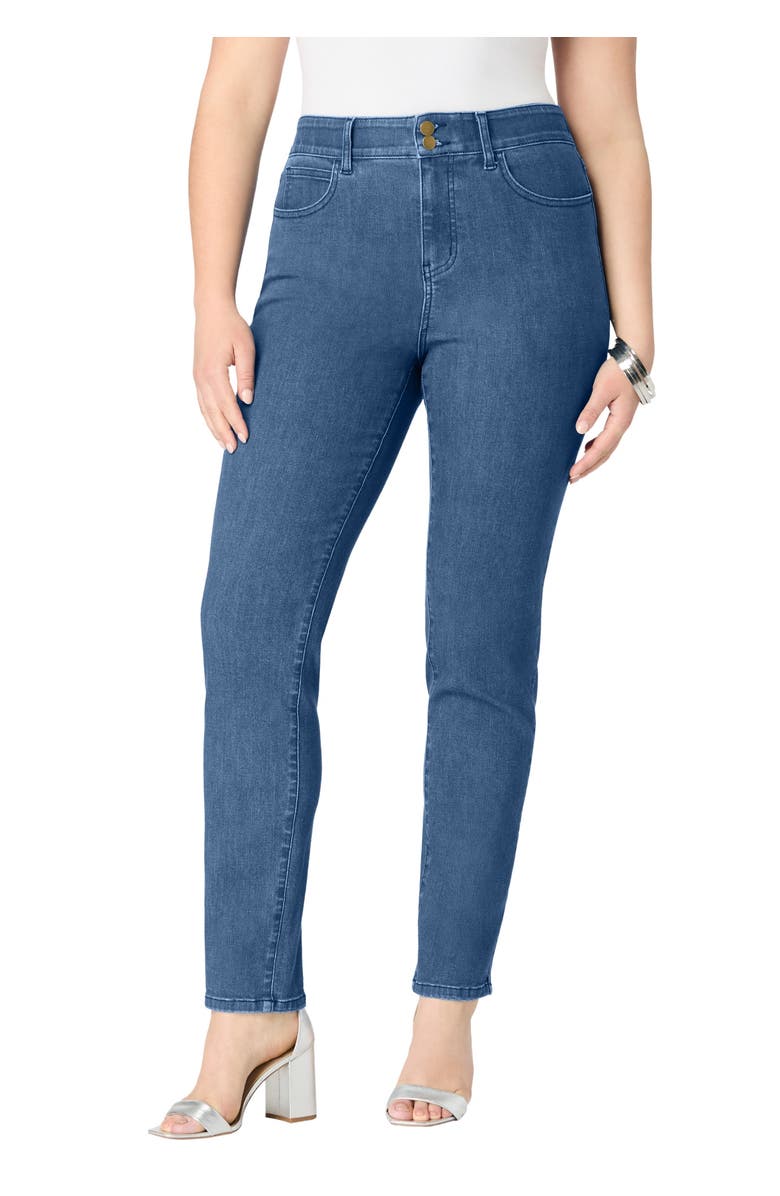 Roaman's Plus Size High-Rise Tummy Control Straight-Leg Jeans, Main, color, Medium Wash