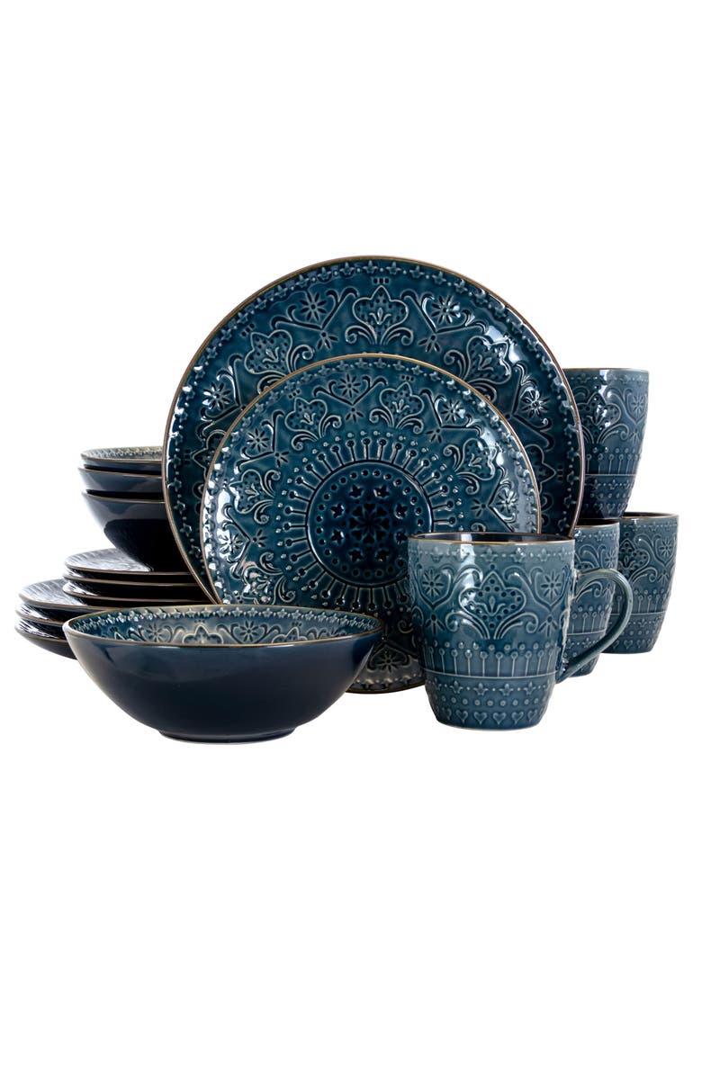 Elama Deep Sea Mozaic 16 Piece Luxurious Stoneware Dinnerware with Complete Setting for 4, Main, color, Blue