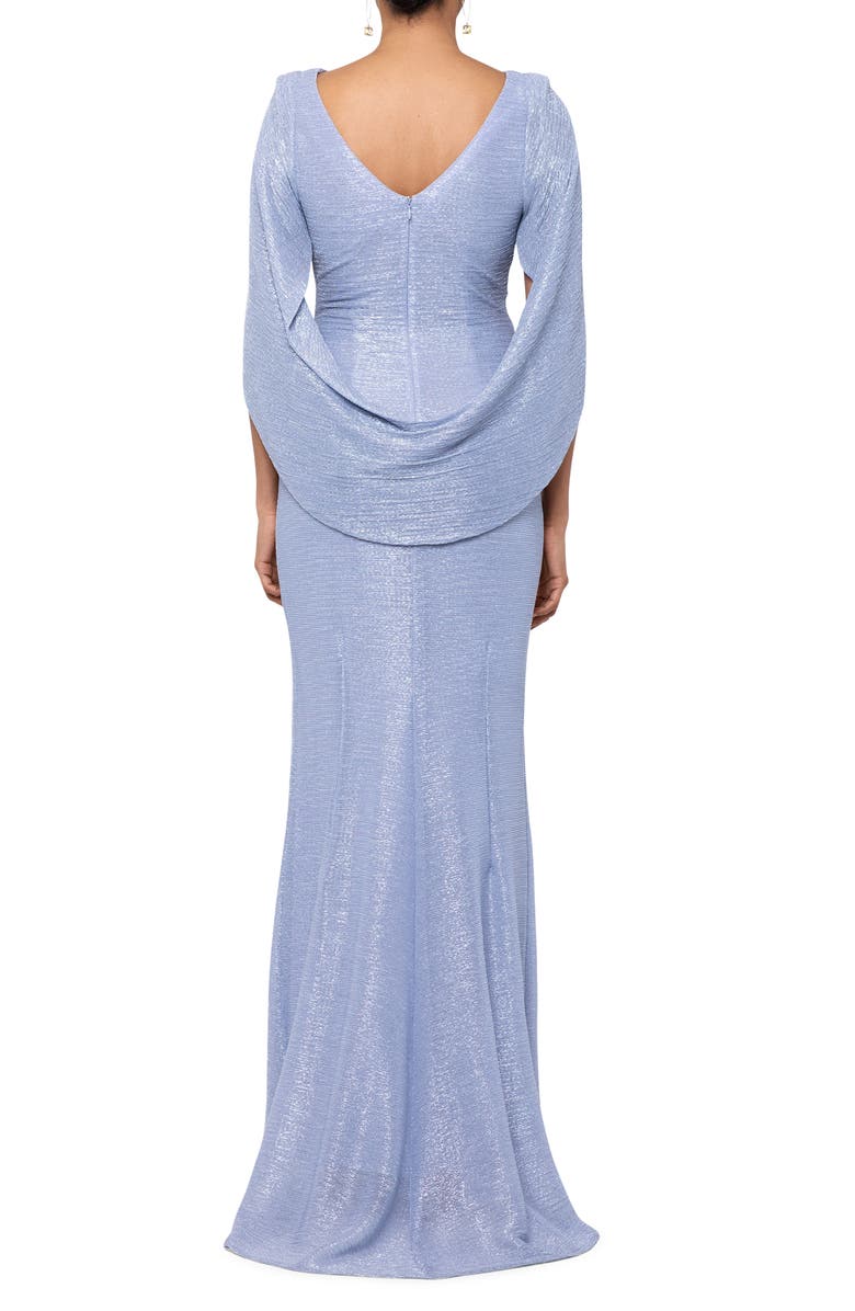 Betsy & Adam Cape Sleeve Metallic Crinkle Gown, Alternate, color, Blue/Silver