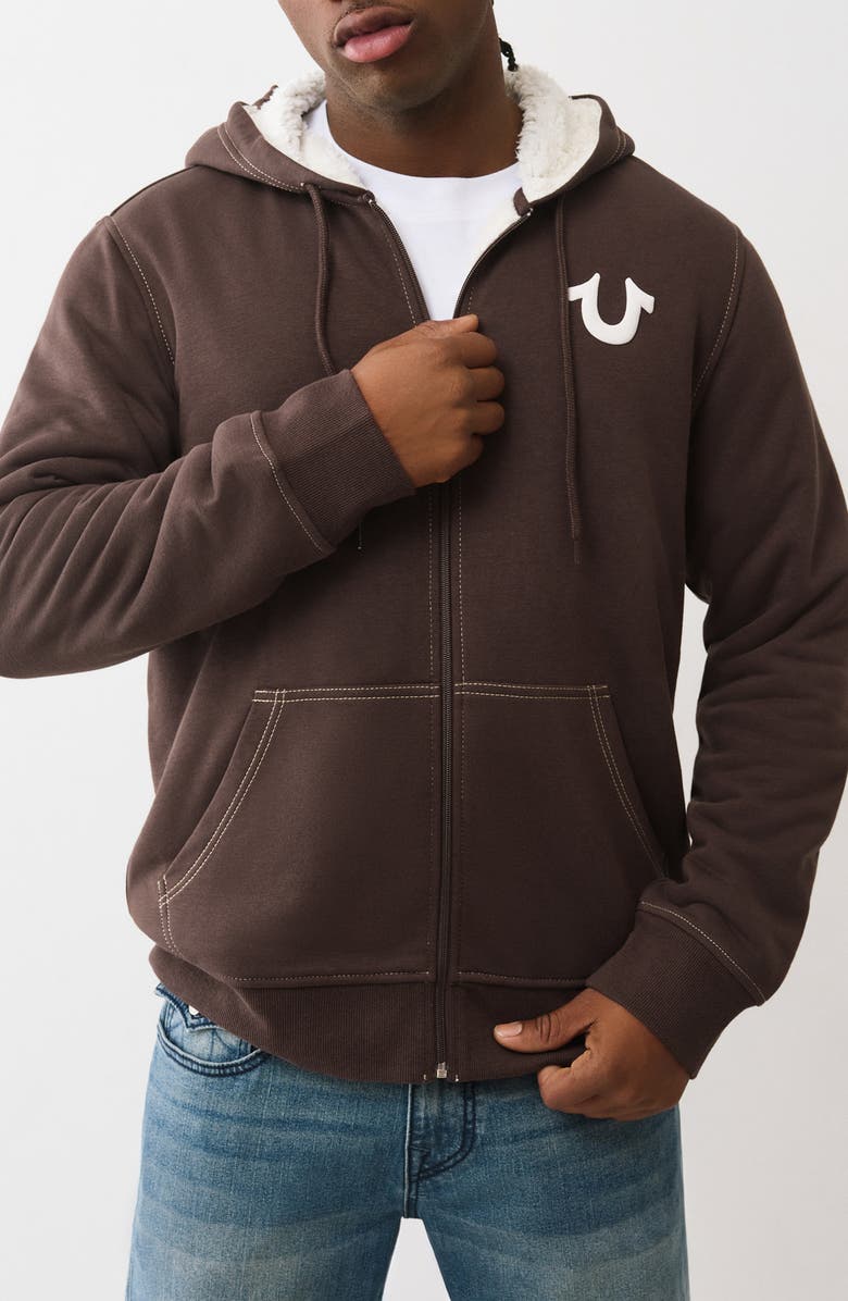 True Religion Logo Seal Faux Shearling Zip Hoodie, Main, color, Java
