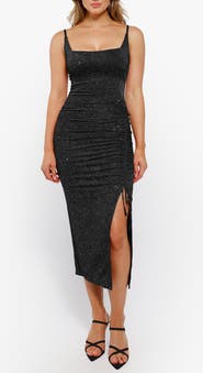 Popilush Shapewear Metallic Knit Bodycon Sculpting Midi Slip Dress