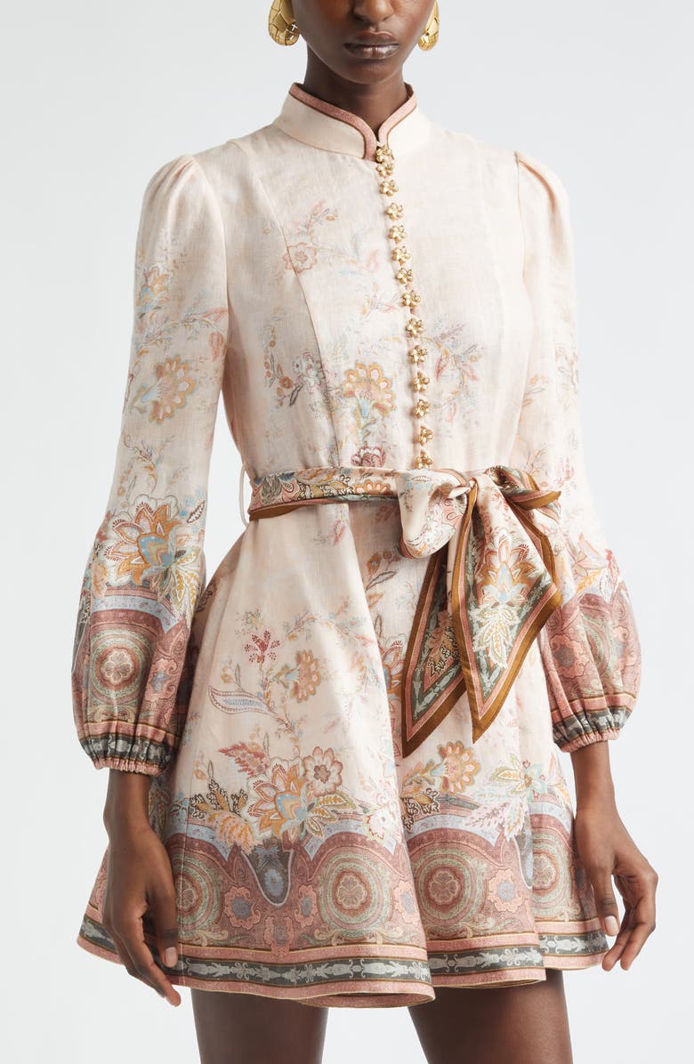 Zimmermann Alchemy Paisley Long Sleeve Belted Linen Minidress, Alternate, color, Pink Paisley