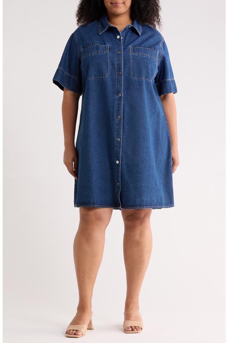 Short Sleeve Denim Shirtdress, Main, color, MEDIUM BLUE DENIM